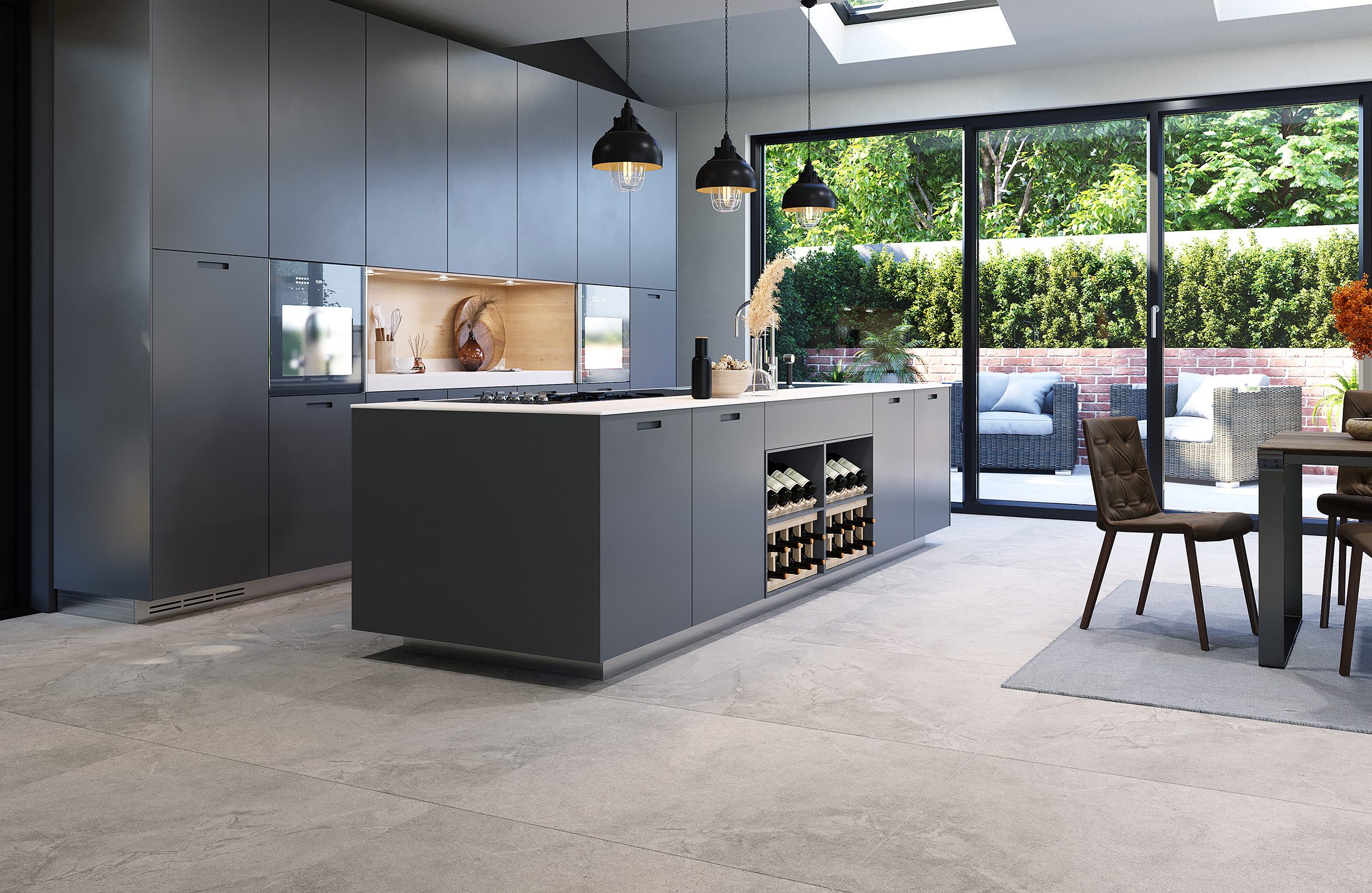 Contemporary kitchen interior with tiled splashback