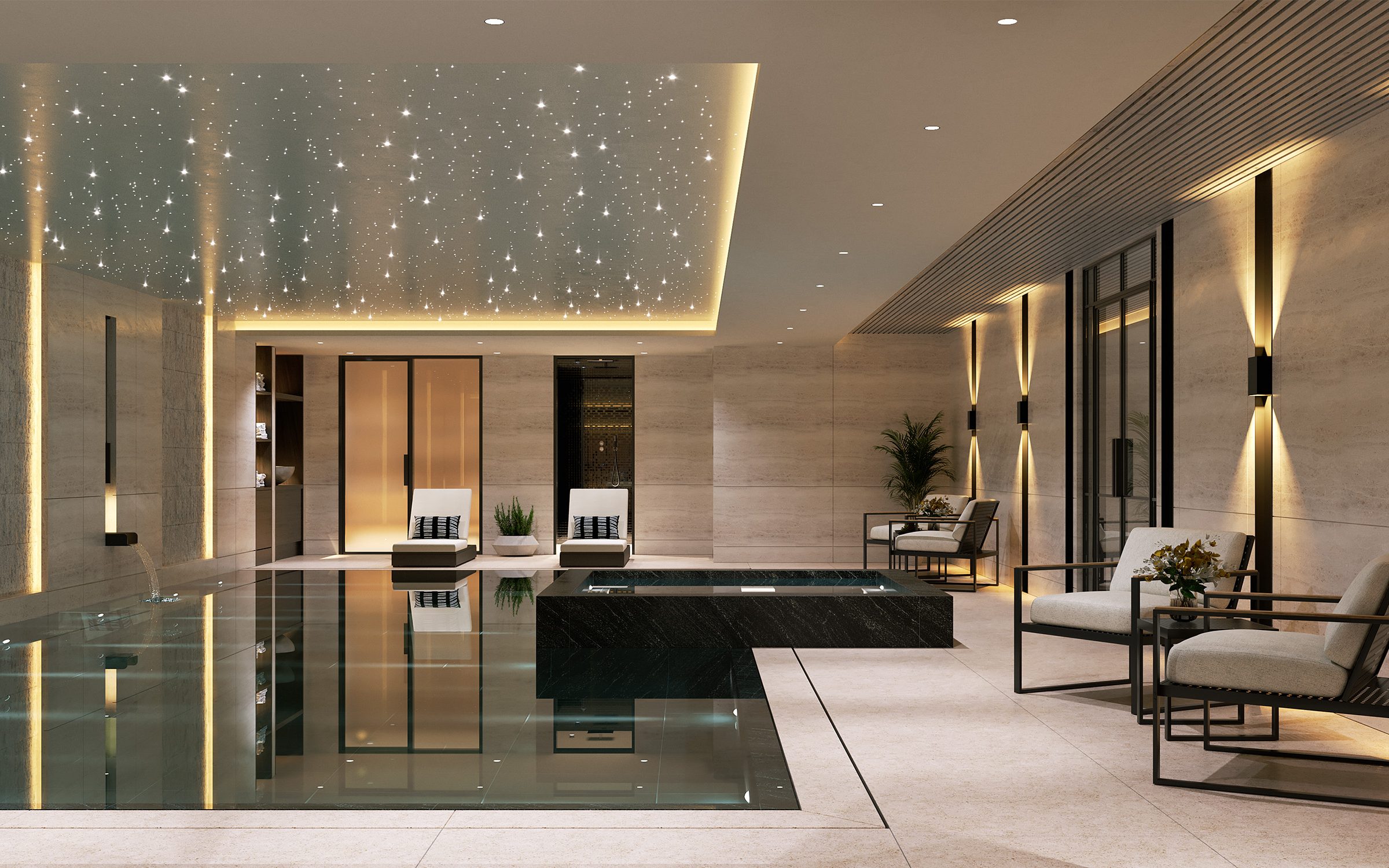 Basement swimming pool with feature lighting