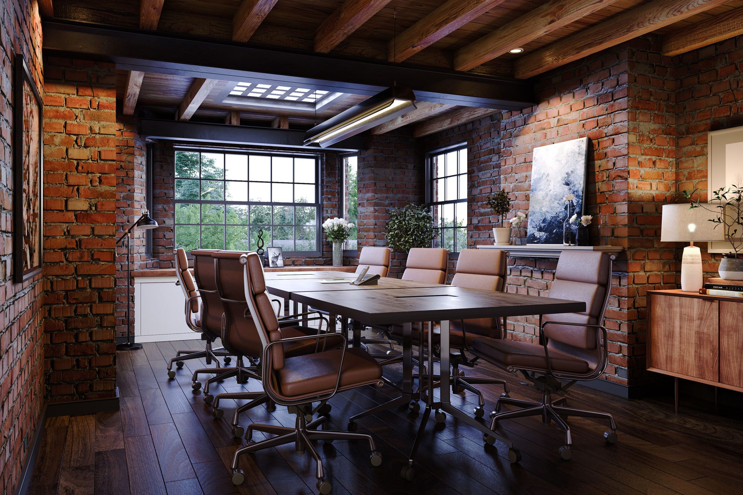 Corporate boardroom interior with conference table