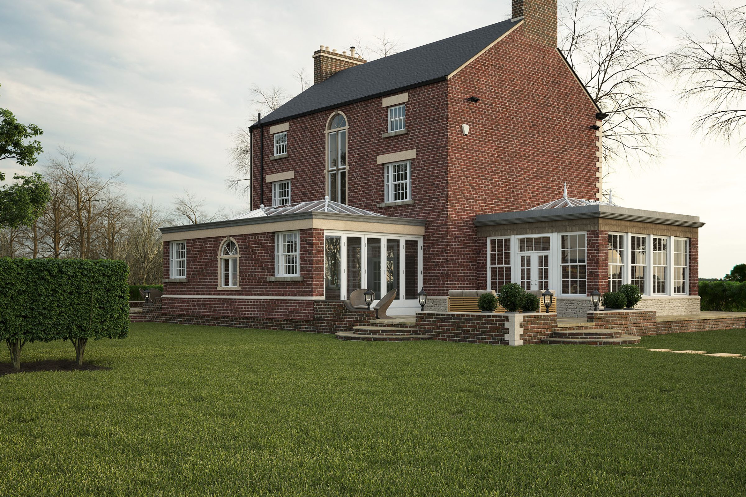 Brick Georgian-style farmhouse with orangery extension