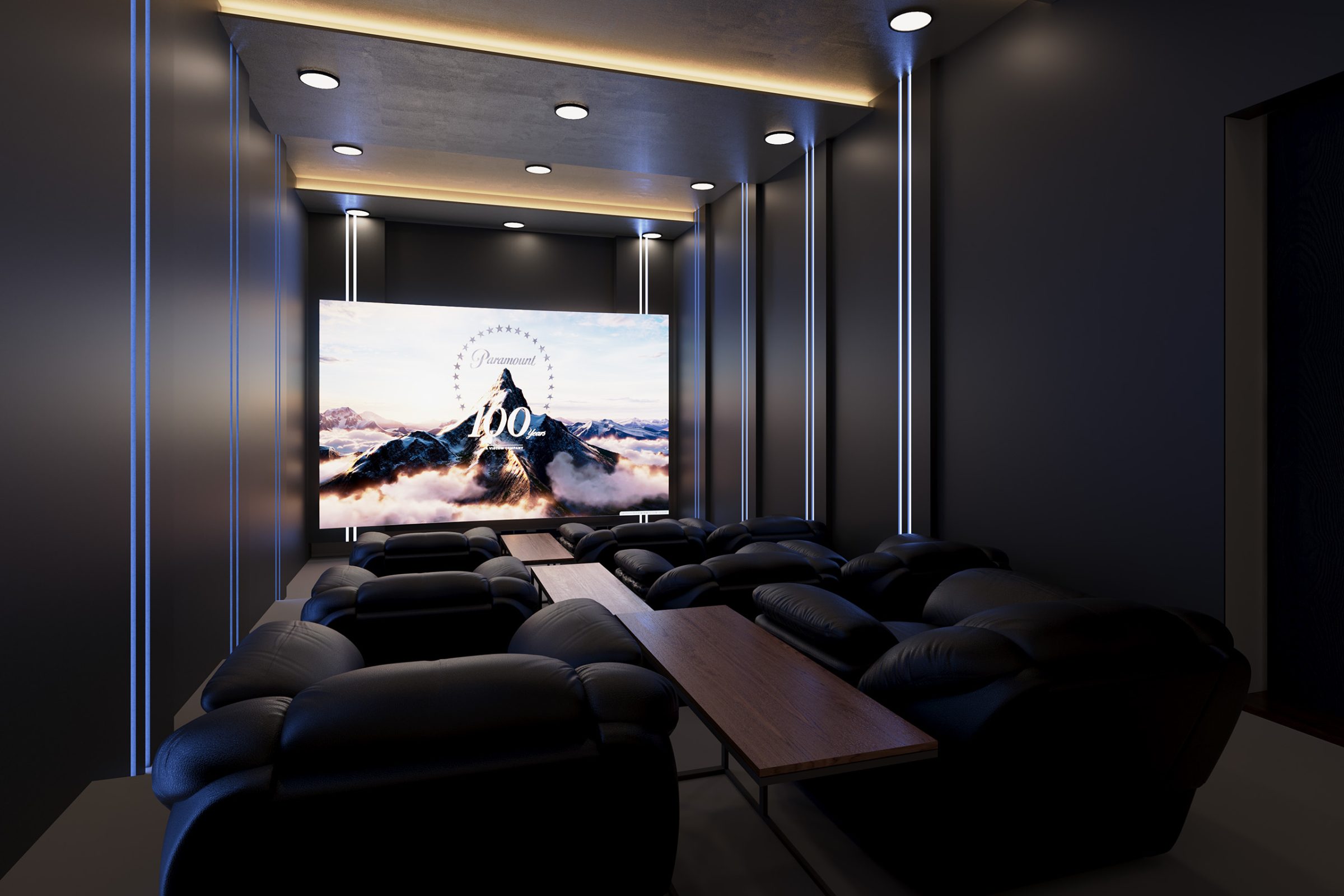 Private home cinema room with tiered seating