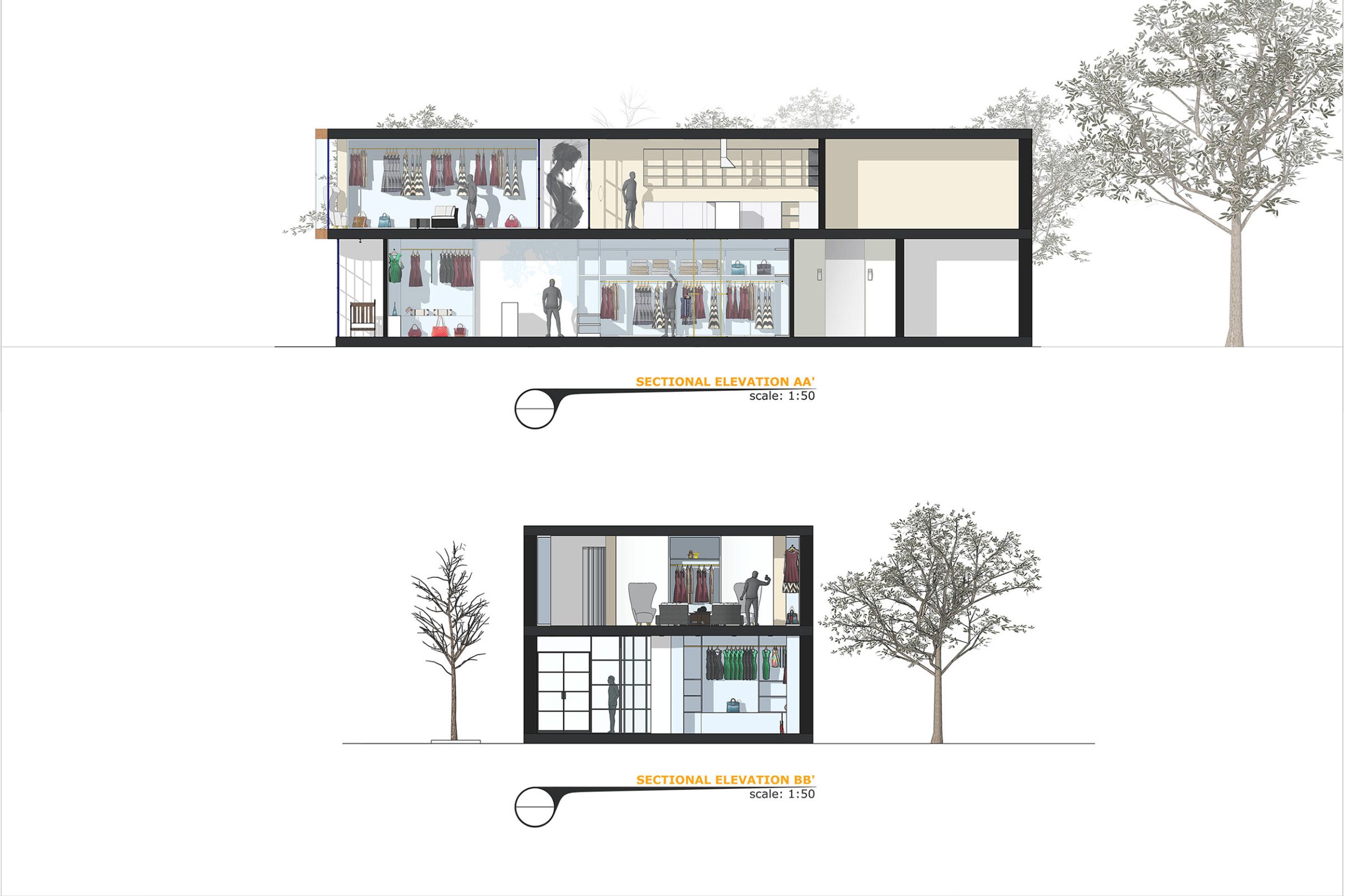 Clothing store schematic section illustration