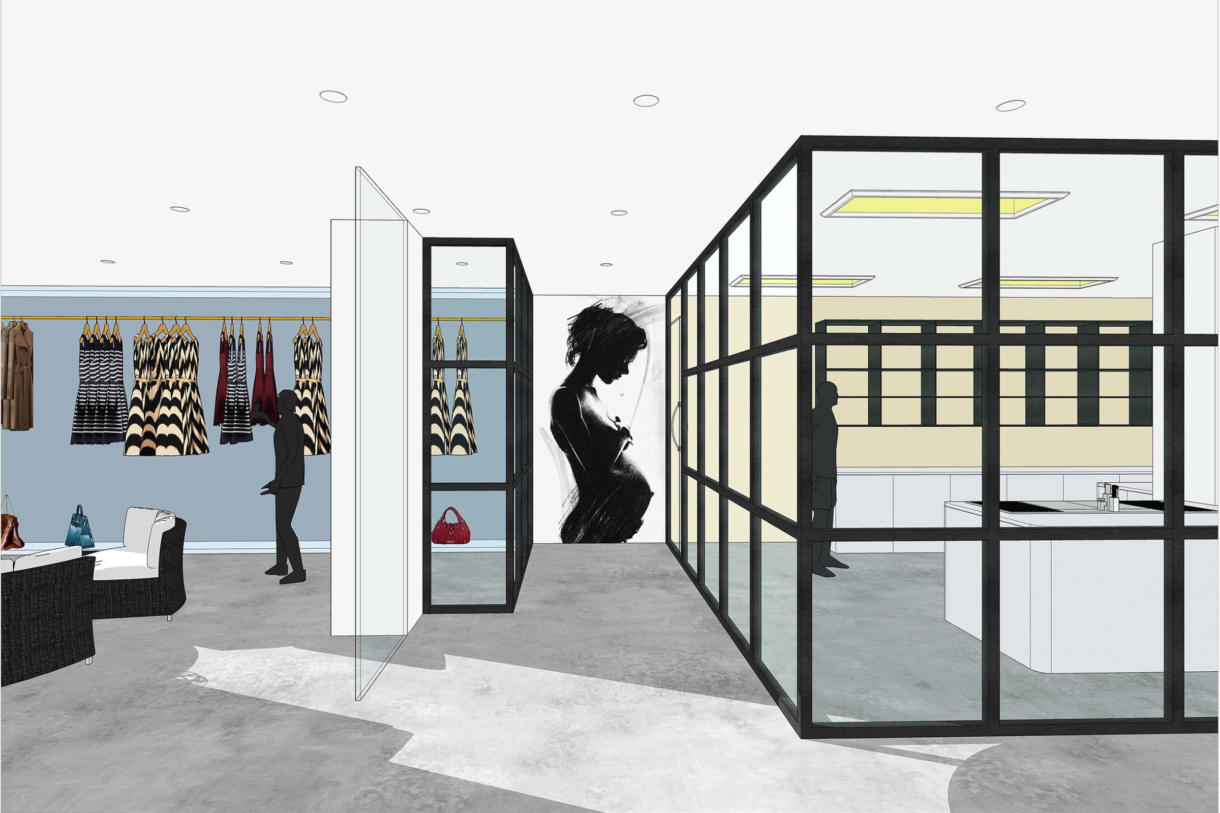 Clothing store retail interior, second SketchUp view