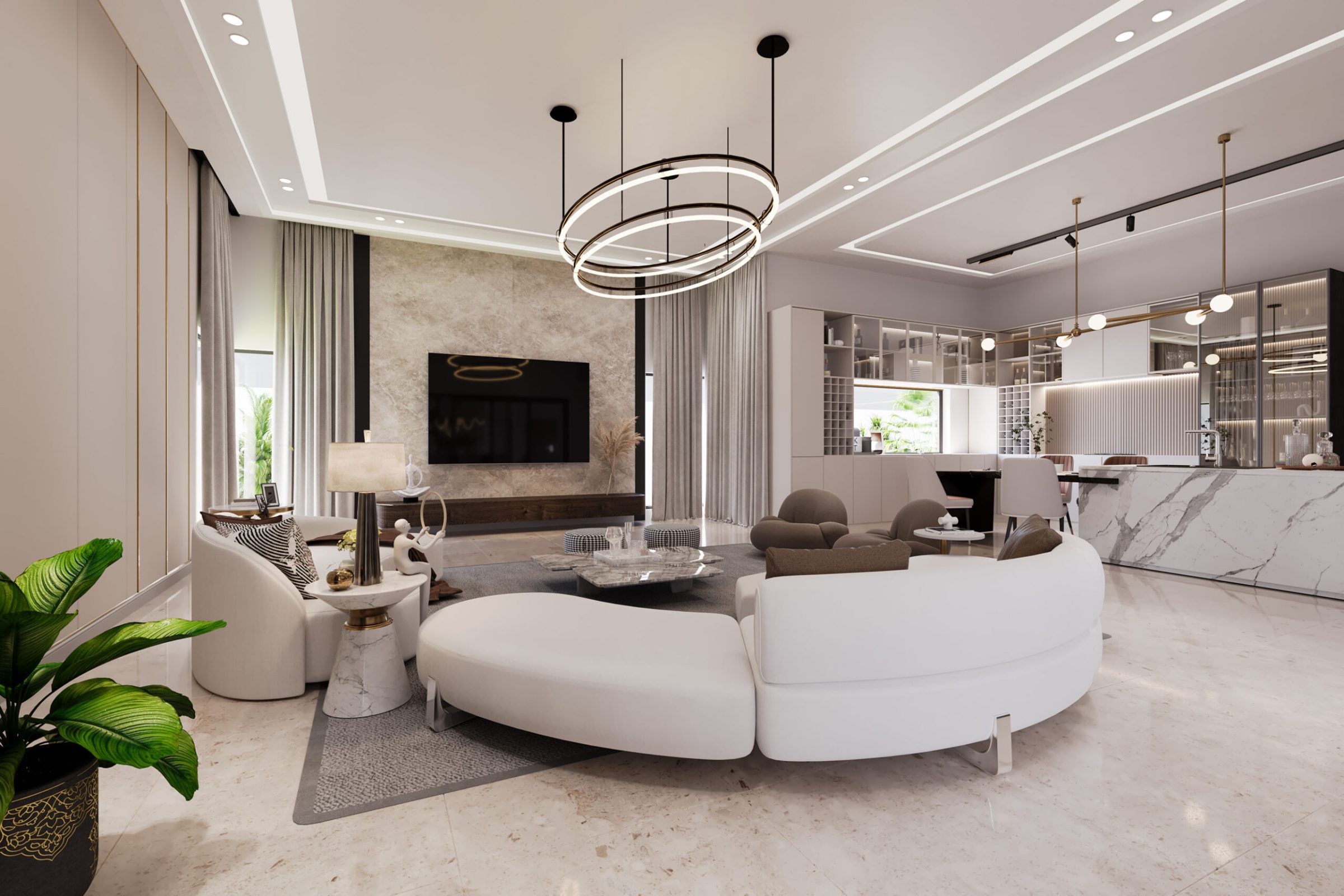 Open-plan family kitchen interior visualisation