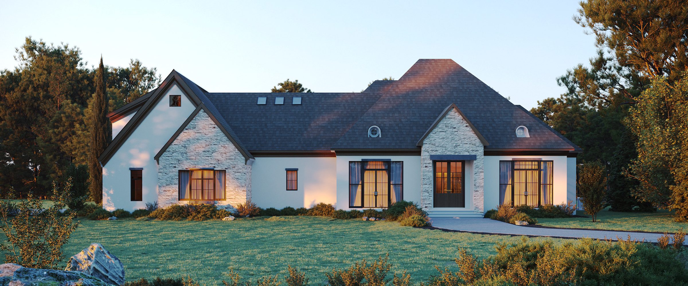 French country house front elevation with stone facade