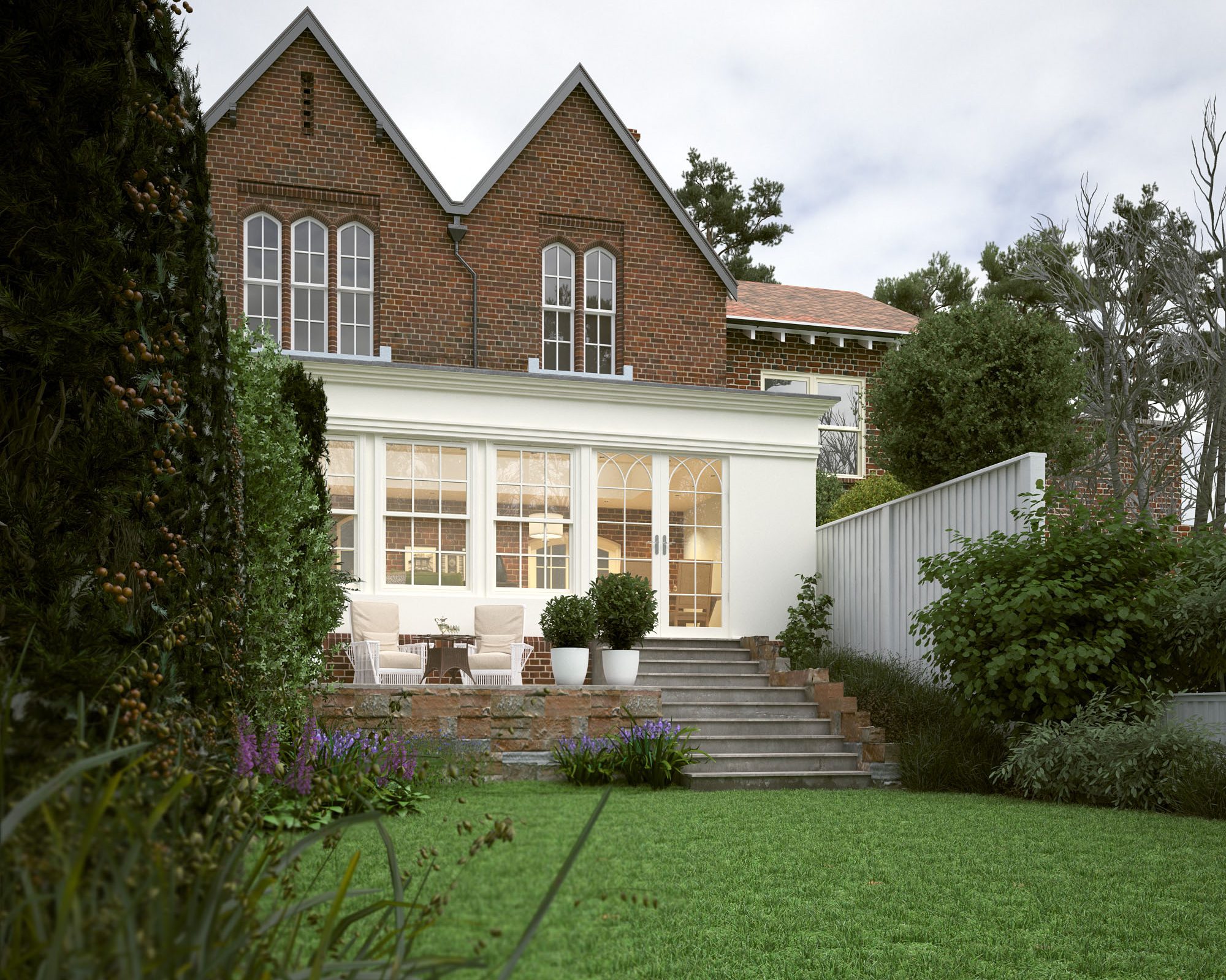Victorian gabled house with glazed rear extension, garden view