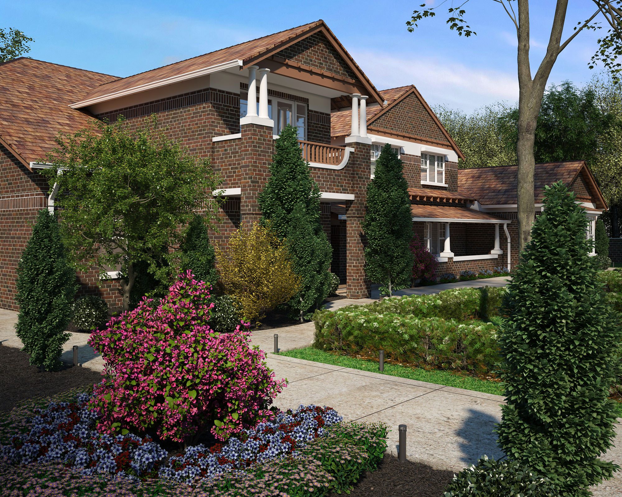 Brick house with landscaped front garden and mature planting