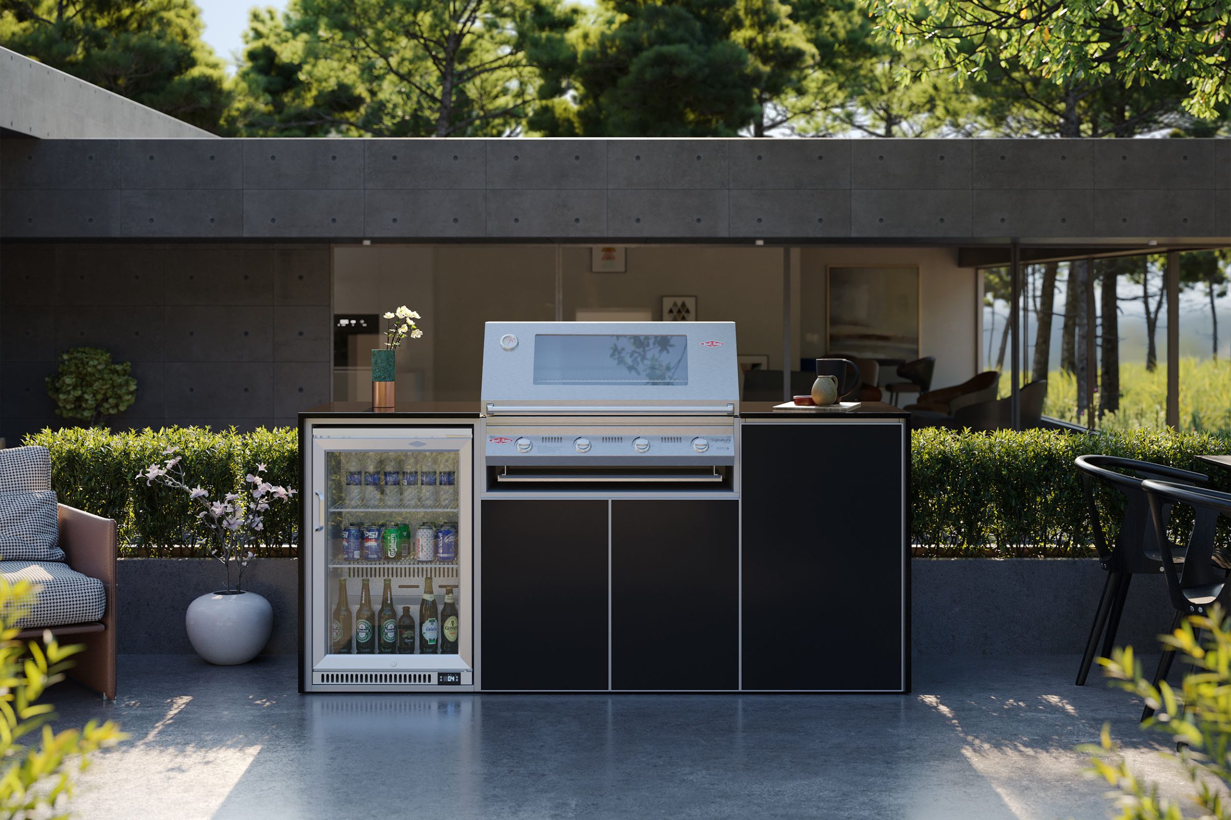 Black outdoor kitchen range in lifestyle setting