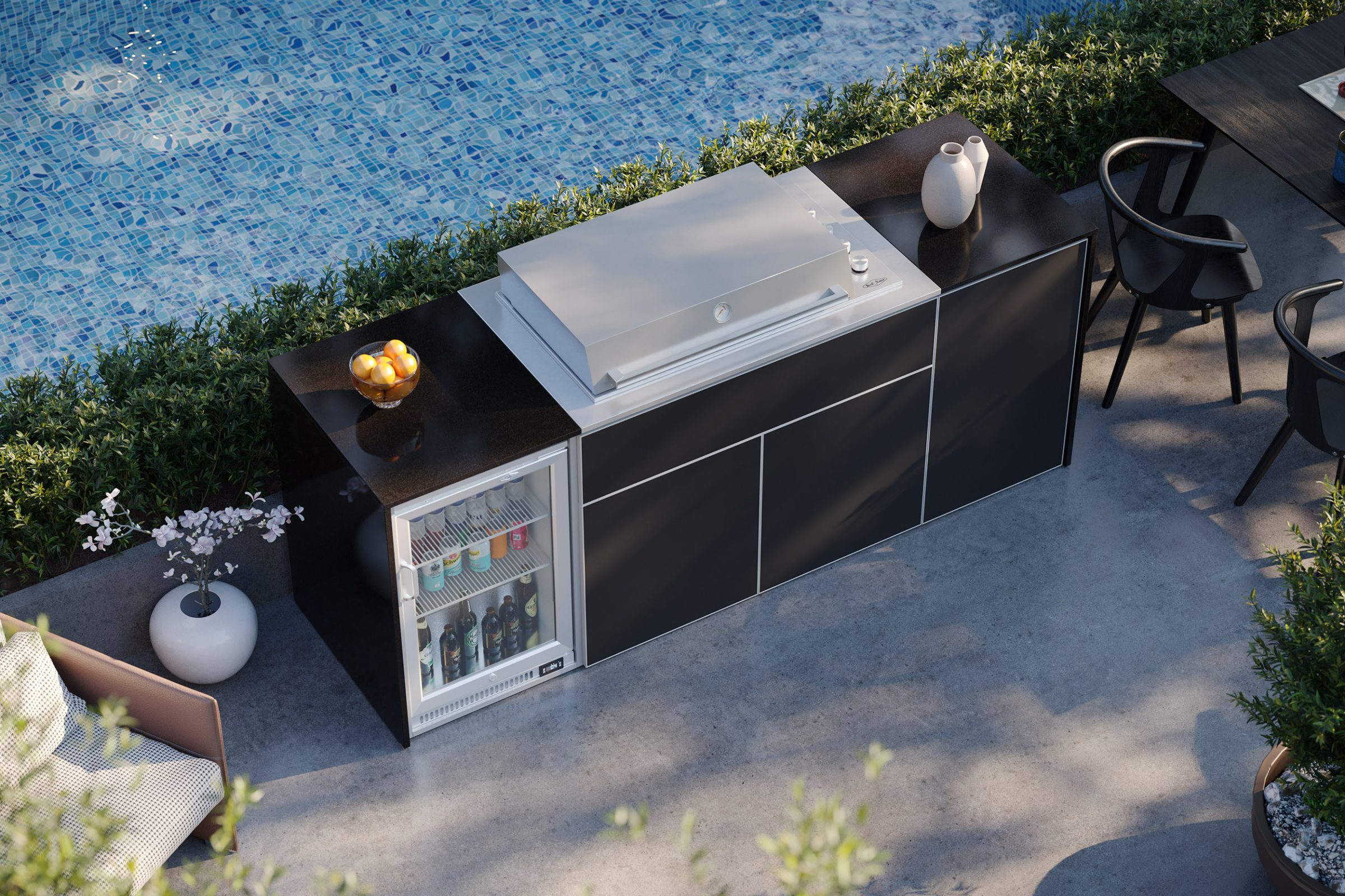 Black outdoor kitchen range, second lifestyle setting