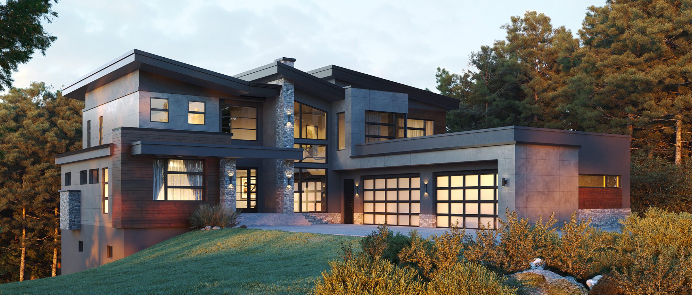 Contemporary timber and stone house on a wooded hillside