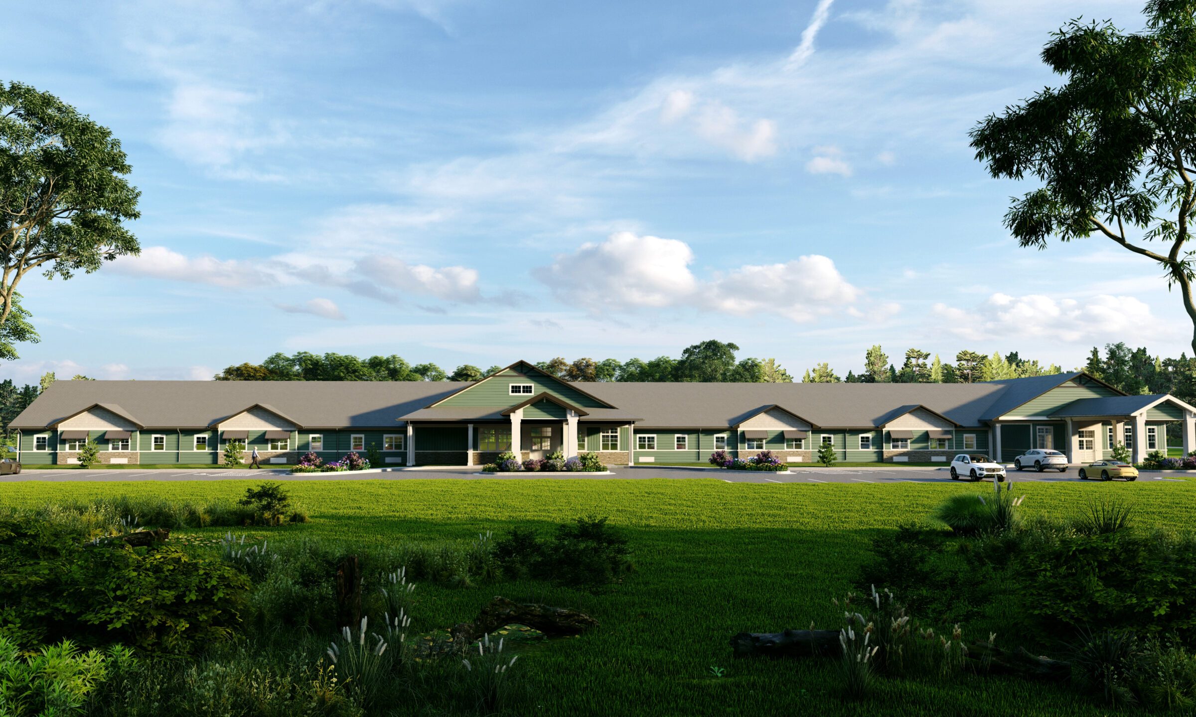 Single-storey residential care facility with landscaped grounds