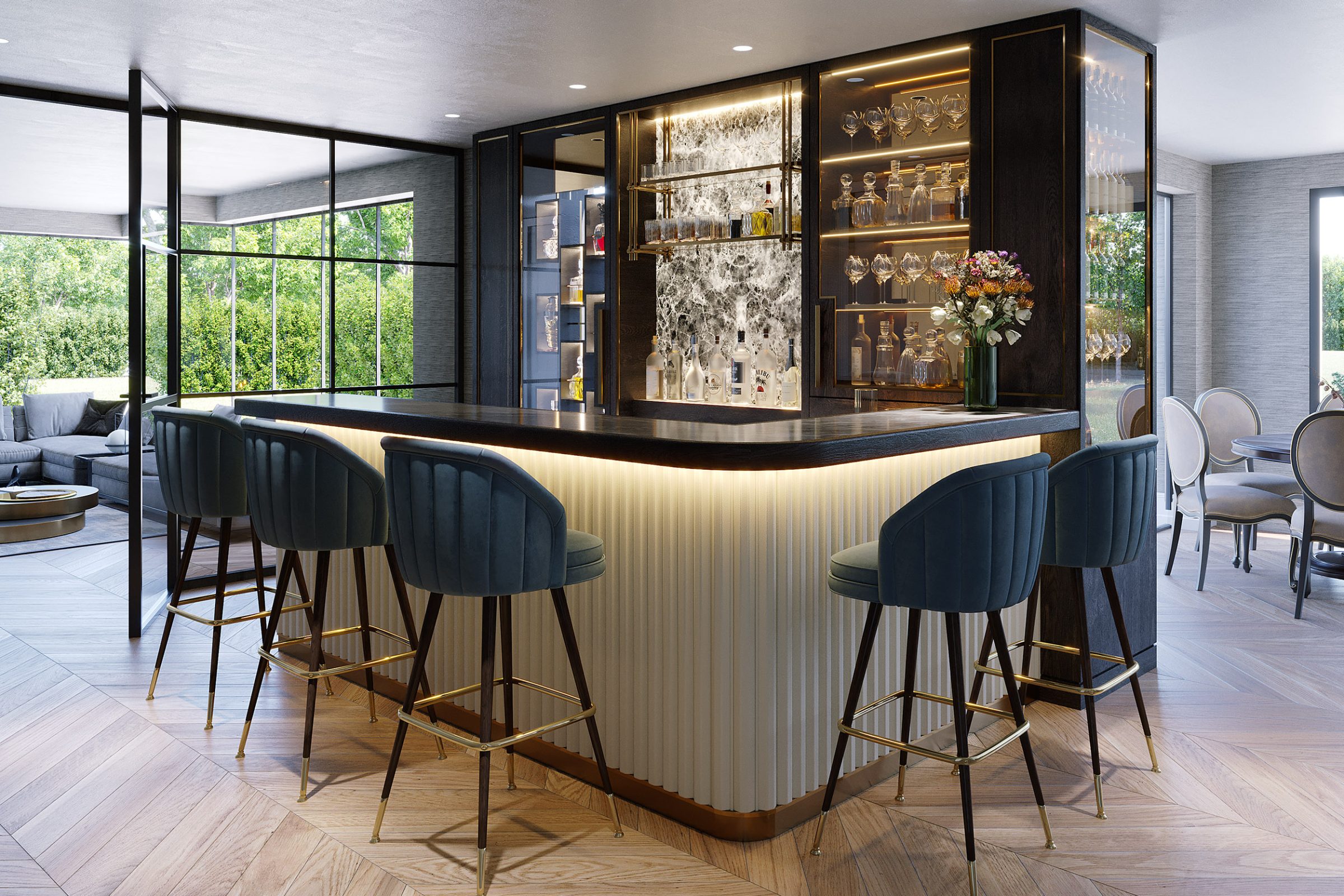 Home bar with velvet stools and glass display shelving
