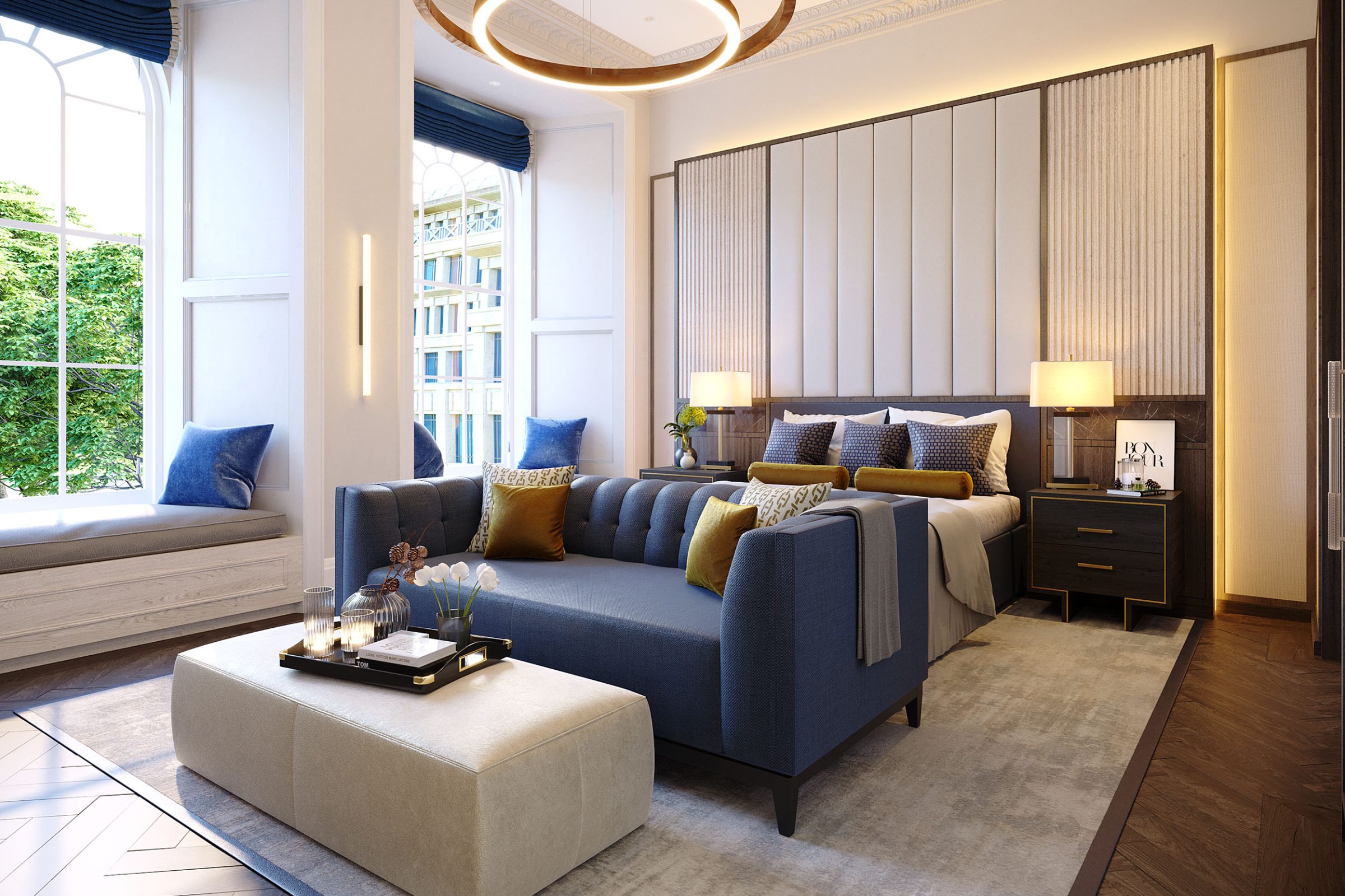 Bedroom interior with bay window seat, blue and gold scheme